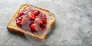 A slice of bread topped with strawberry jam and fresh strawberries on a textured surface. Generative AI