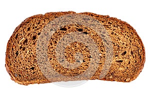 Slice of brown rye cereal bread isolated on white background, bread texture