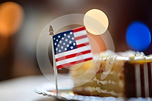 slice of cake with american flag with bokeh background, neural network generated image