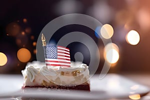 slice of cake with american flag with bokeh background, neural network generated image