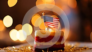 slice of cake with american flag with bokeh background, neural network generated image