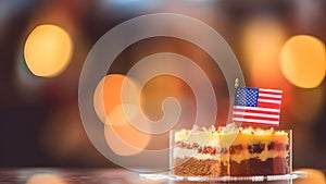 slice of cake with american flag with bokeh background, neural network generated image