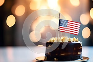 slice of cake with american flag with bokeh background, neural network generated image
