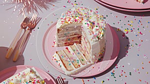 Slice of Cake With White Frosting and Sprinkles