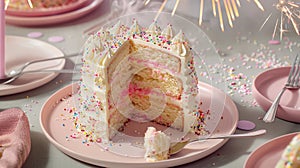 Slice of Cake With White Frosting and Sprinkles