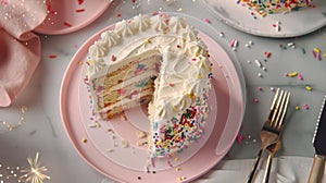 Slice of Cake With White Frosting and Sprinkles