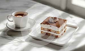 A slice of cake is on a white plate next to a cup of coffee
