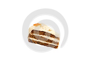 Slice of carrot cake isolated on white background, no shadow