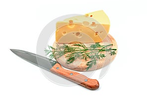Cheese on a kitchen board isolated on white background.