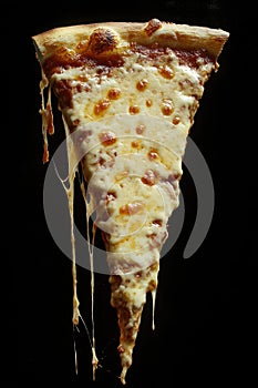 Slice of cheese pizza on fork