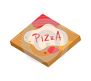 Slice of cheese pizza with pepperoni and melting cheese. Cartoon style pizza slice with toppings. Delicious food concept