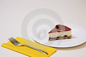 A slice of cheesecake on a white plate