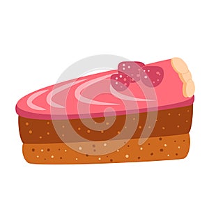 Slice of cherry cake. Sweet berry bakery piece. Pastry dessert with cream. Vector pie flat illustration isolated on white