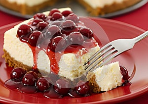 Cherry cheesecake slice with fork on plate