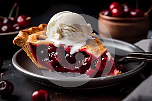 Slice of cherry pie topped with a scoop of ice cream on a sunny day near a window, generative AI