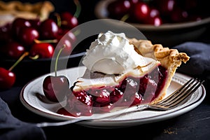 Slice of cherry pie topped with a scoop of ice cream on a sunny day near a window, generative AI