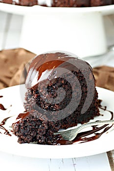 Slice of chocolate bundt cake with ganache