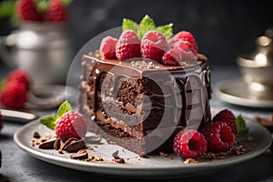 slice of chocolate cake with fresh raspberries inside a white plate on a wooden table - rich autumn dessert