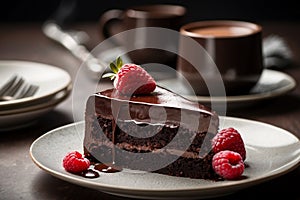 slice of chocolate cake with fresh raspberries inside a white plate on a wooden table - rich autumn dessert