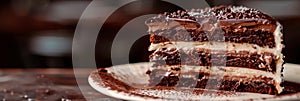 slice of chocolate cake, highlighting the decadent layers of moist cake and creamy frosting in exquisite detail