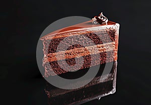 Slice of chocolate cake on a reflective surface minimalist black background