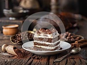 Slice of chocolate cake with tiramisu cream and cocoa powder on wooden table photo