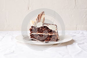 Slice of chocolate cake on white plate