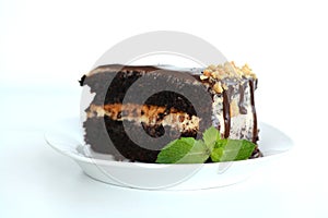 Slice of chocolate cake on white plate