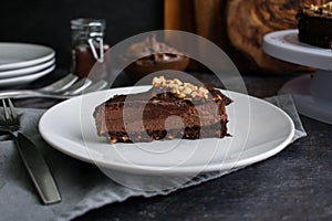 Slice of Chocolate Hazelnut Mousse Cake on a Plate