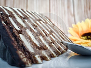 A slice of chocolate spartak cake