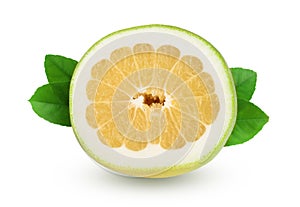 Slice of Citrus Sweetie or Pomelit, oroblanco with leaf isolated on white background close-up