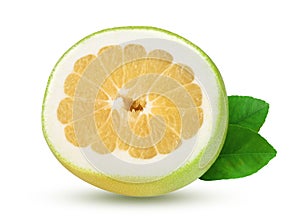 Slice of Citrus Sweetie or Pomelit, oroblanco with leaf isolated on white background close-up