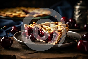 Slice of classic cherry pie with buttery crust and sweet cherry filling. AI generated