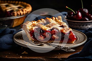 Slice of classic cherry pie with buttery crust and sweet cherry filling. AI generated