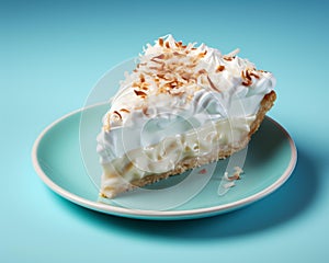 a slice of coconut cream pie on a blue plate