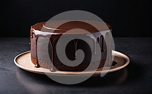 A slice of decadent chocolate cake with chocolate ganache