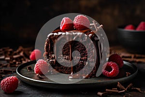 Slice of decadent chocolate cake drizzled with rich ganache, fresh raspberries. AI generated