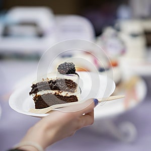 Slice of delicious chocolate cake with cream and blackberries, plate in hand, fresh summer dessert, selective focus