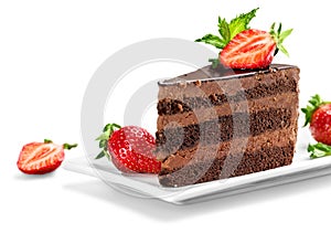 Slice of delicious chocolate cake over white with