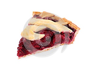 Slice of delicious fresh cherry pie isolated