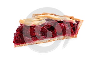 Slice of delicious fresh cherry pie isolated on white