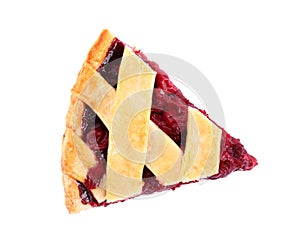 Slice of delicious fresh cherry pie isolated, top view