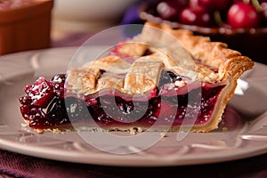 Slice of delicious fresh cherry pie on table, closeup, homemade