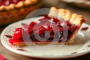 Slice of delicious fresh cherry pie on table, closeup, homemade