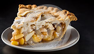 Slice of delicious home baked apple pie on a white plate on black background. Traditional American pastry