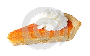 Slice of delicious homemade pumpkin pie isolated on white