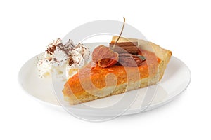 Slice of delicious homemade pumpkin pie isolated on white