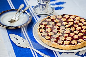 slice of delicious homemade sour cherry pie on plate.