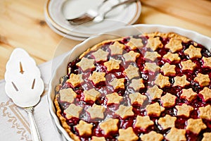 Slice of delicious homemade sour cherry pie on plate.