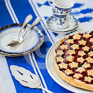 slice of delicious homemade sour cherry pie on plate.